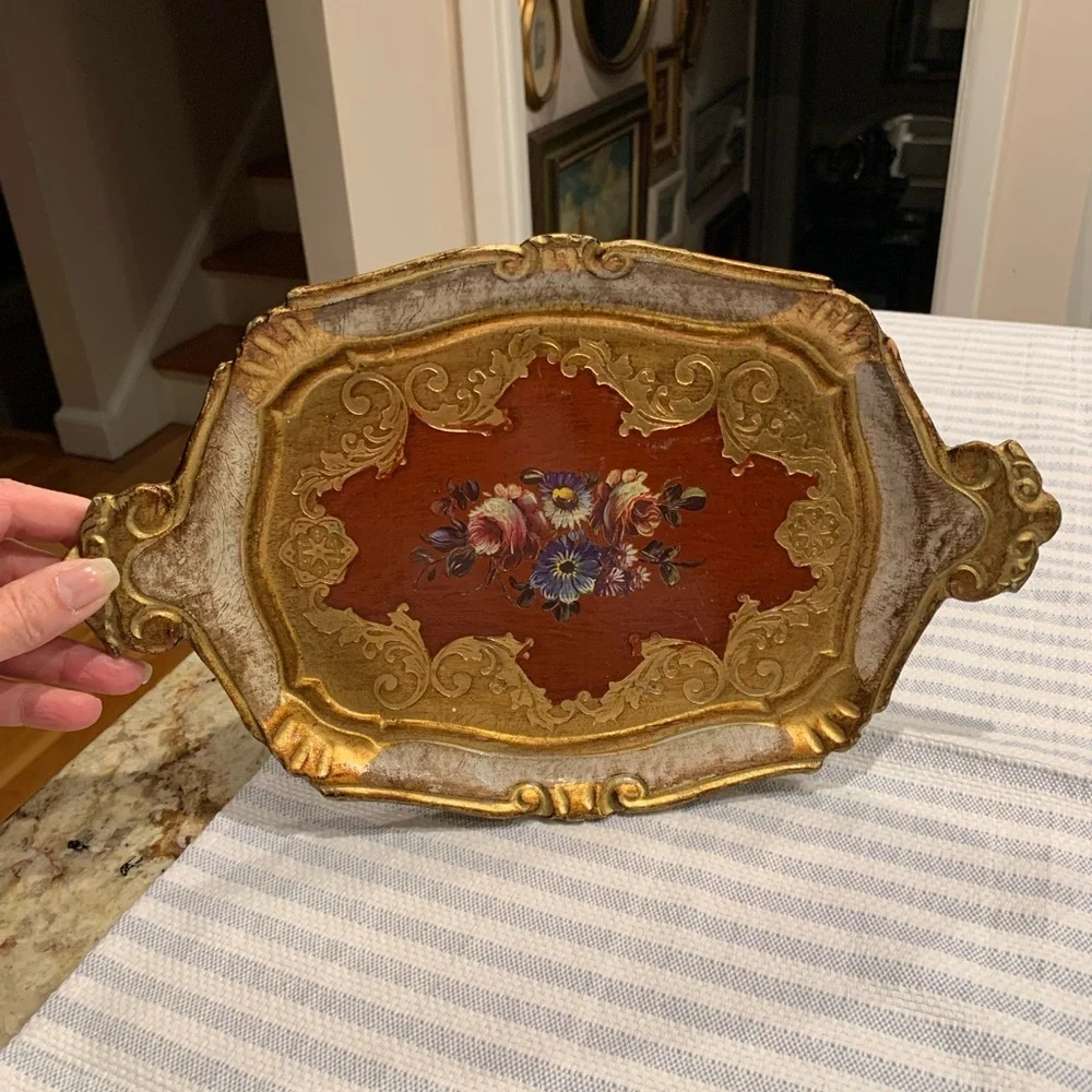 Vintage Italian Florentine Golden Tray, Red and Gilt